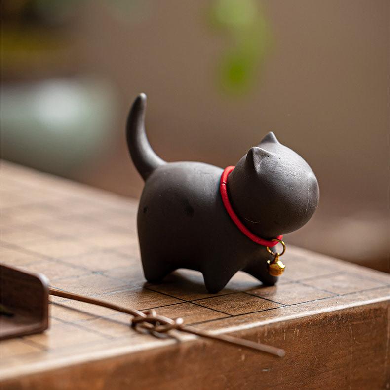 Purple Sand Clay Playing Cat with Red String Bell Necklace/Tea Puppy Decorative Tea Toy