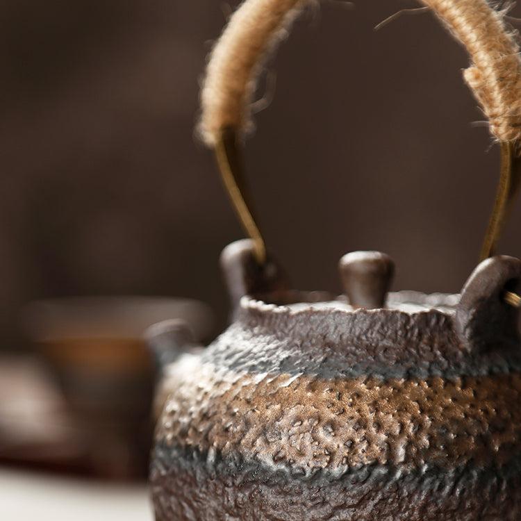 Antique-styled Clay Teapot with Iron Handle/Rustic Gold Ceramic Kung Fu Teapot