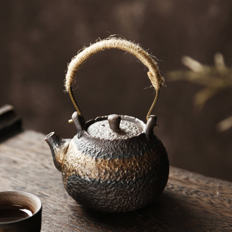 Antique-styled Clay Teapot with Iron Handle/Rustic Gold Ceramic Kung Fu Teapot